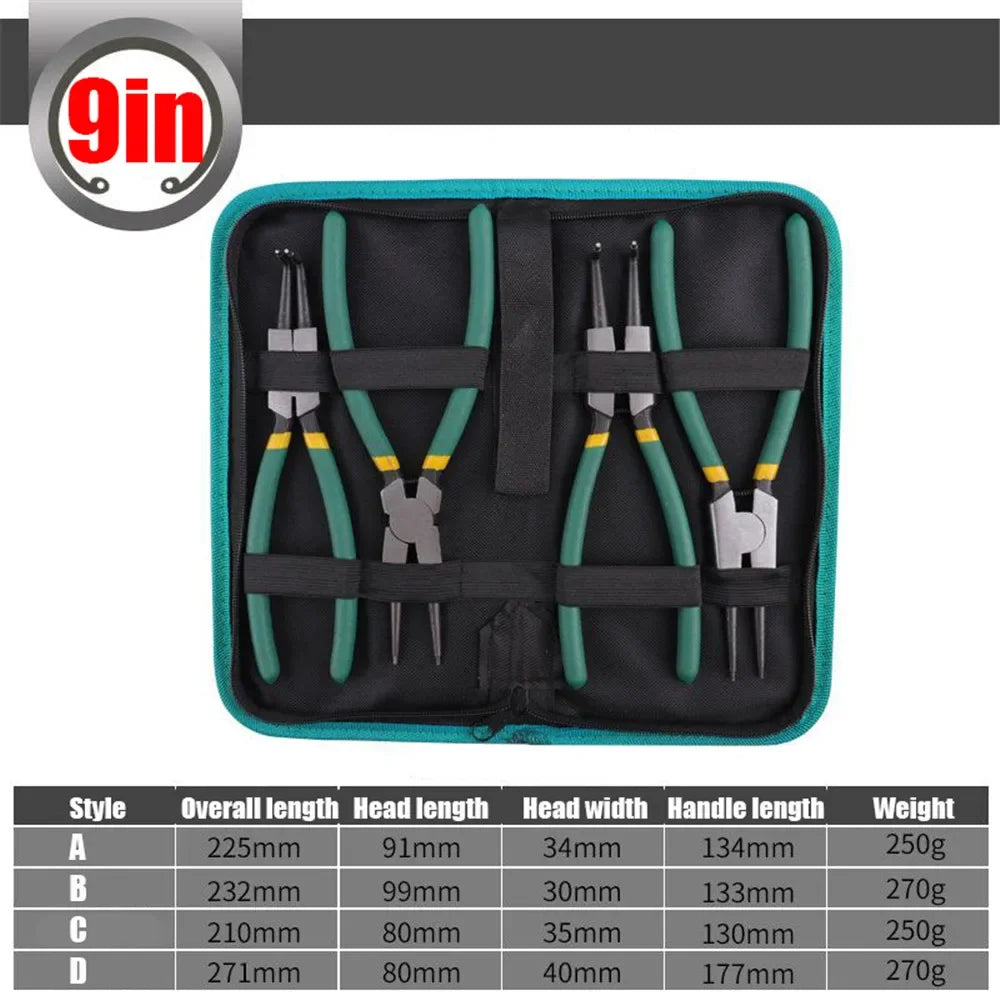 4Pcs Circlip Pliers Set with Storage Bag 7'' Long Nose Plier Staight Bent Inner Outer Retaining Snap Ring Professional Plier Kit