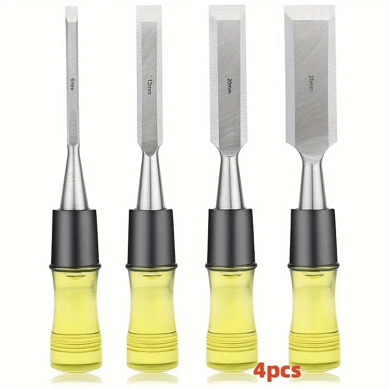 Wood Chisel Set, 4 Piece Cr-V Steel Bevel Edge with Blade Caps - 1/4 in to 1 in