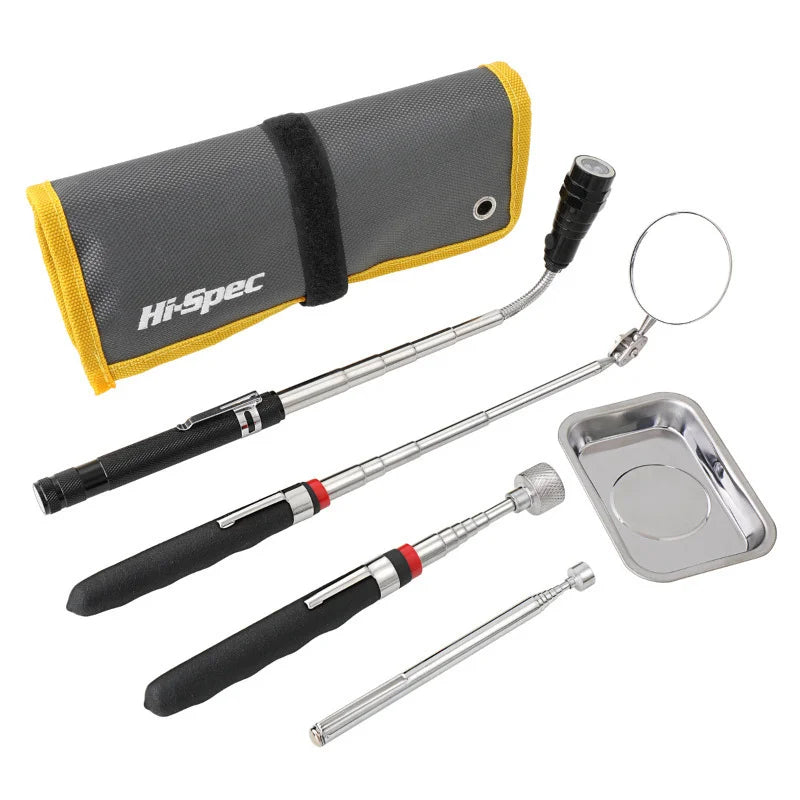 Magnetic Pickup Tool + Inspection Mirror Kit — 5-Piece, LED, Telescoping