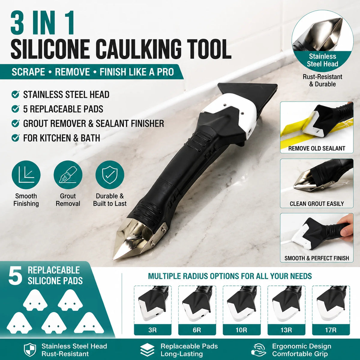 Caulk Remover 3-in-1 + Sealant Scraper Set (Stainless Head)
