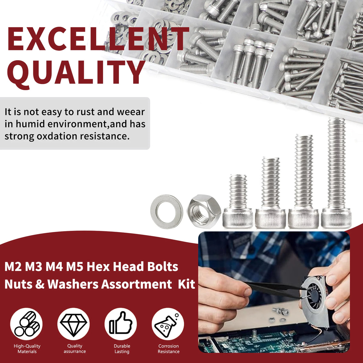 Nuts and Bolts Assortment Kit — 918-Piece Stainless Steel Bolts, Nuts & Washers Set (M2–M5)
