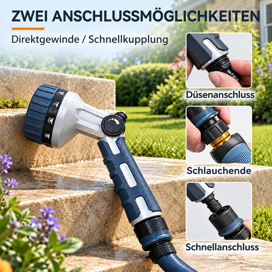 Heavy Duty Garden Hose Nozzle - Metal Zinc Alloy Body, 10 Spray Patterns, Thumb Control with Quick Connector Set