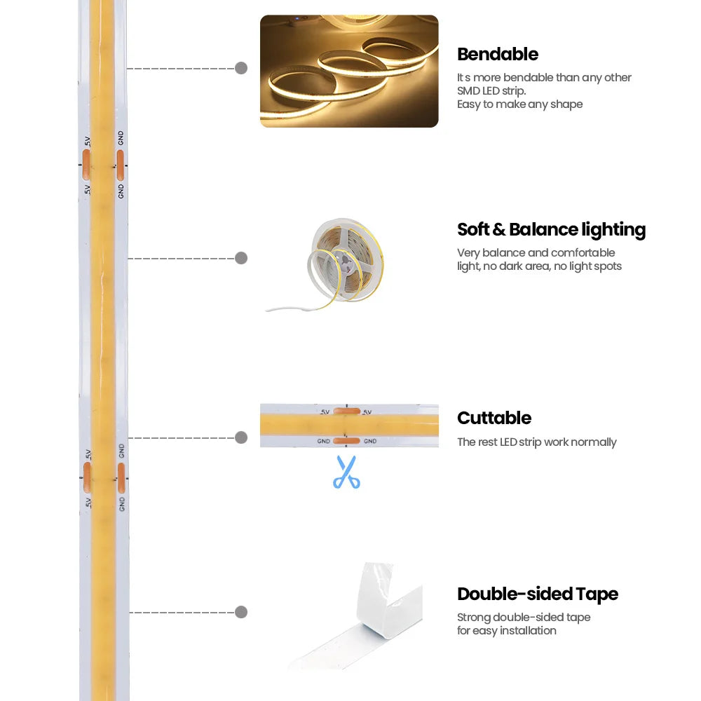 USB COB LED Strip Light — 2m (5V USB Powered)