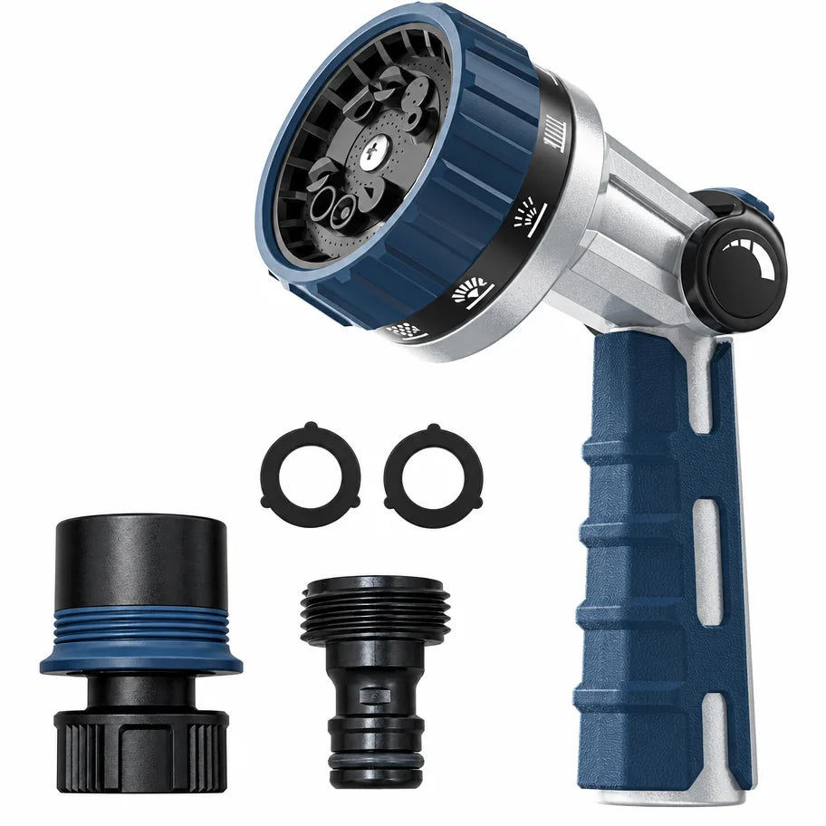 Heavy Duty Garden Hose Nozzle - Metal Zinc Alloy Body, 10 Spray Patterns, Thumb Control with Quick Connector Set