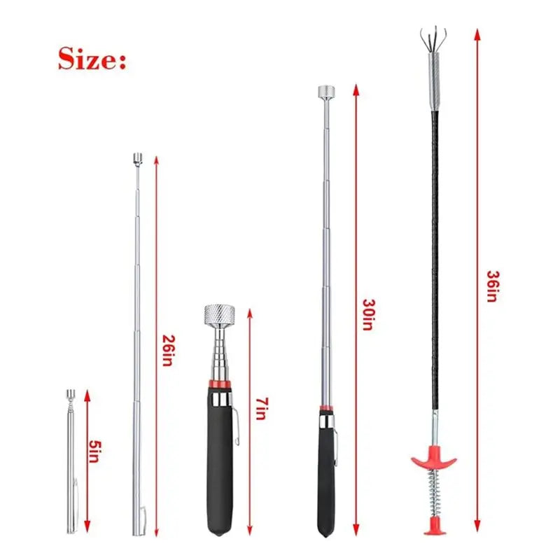 Magnetic Pickup Tool Set, 4-Piece — Telescoping Magnets, Flexible Claw Grabber & Bendable Magnet Stick