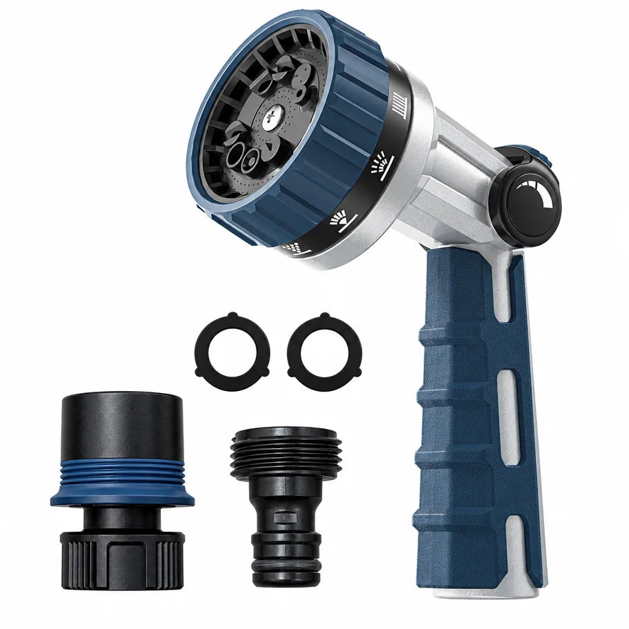 Heavy Duty Garden Hose Nozzle - Metal Zinc Alloy Body, 10 Spray Patterns, Thumb Control with Quick Connector Set