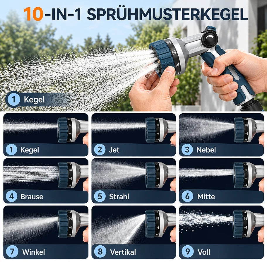 Heavy Duty Garden Hose Nozzle - Metal Zinc Alloy Body, 10 Spray Patterns, Thumb Control with Quick Connector Set