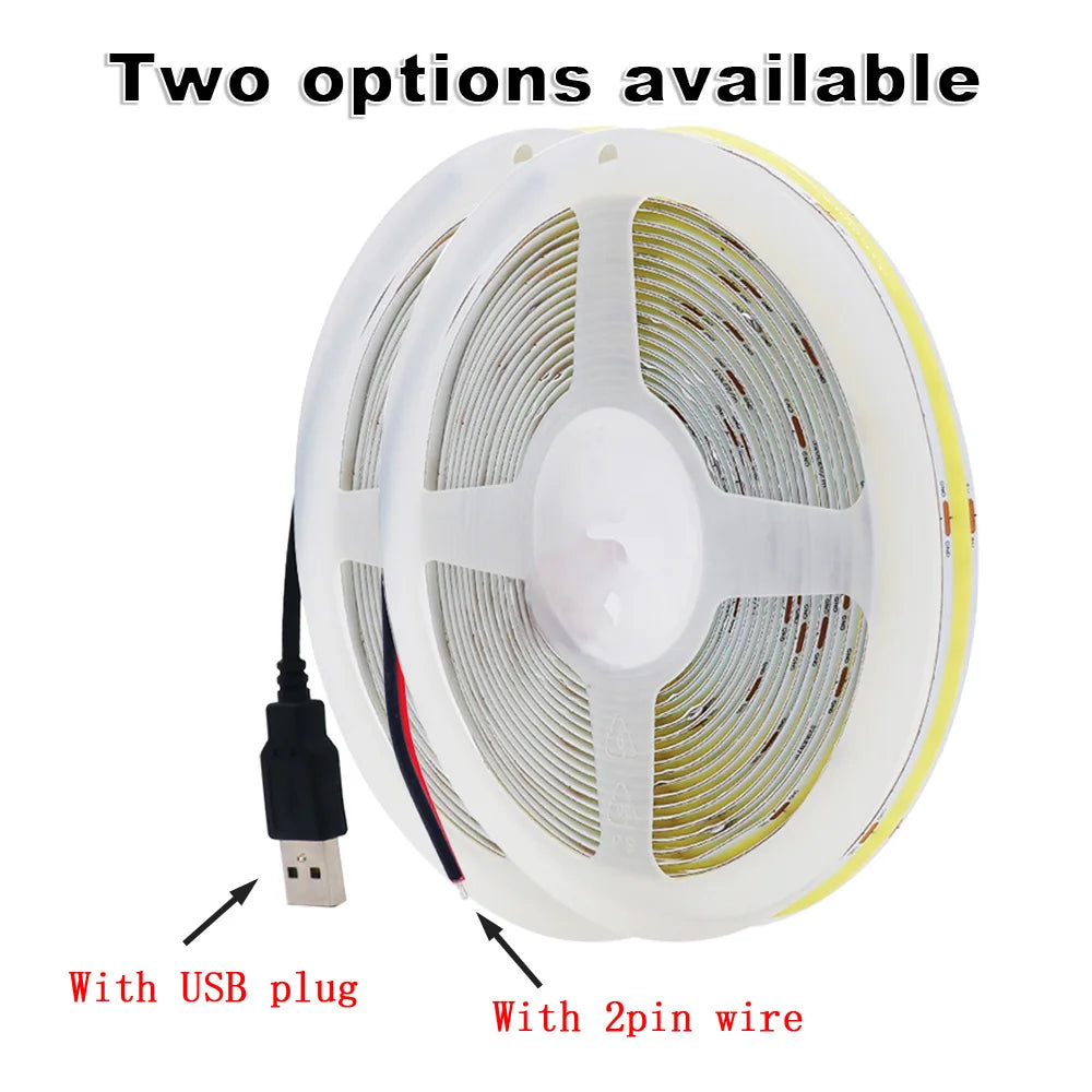 USB COB LED Strip Light — 2m (5V USB Powered)