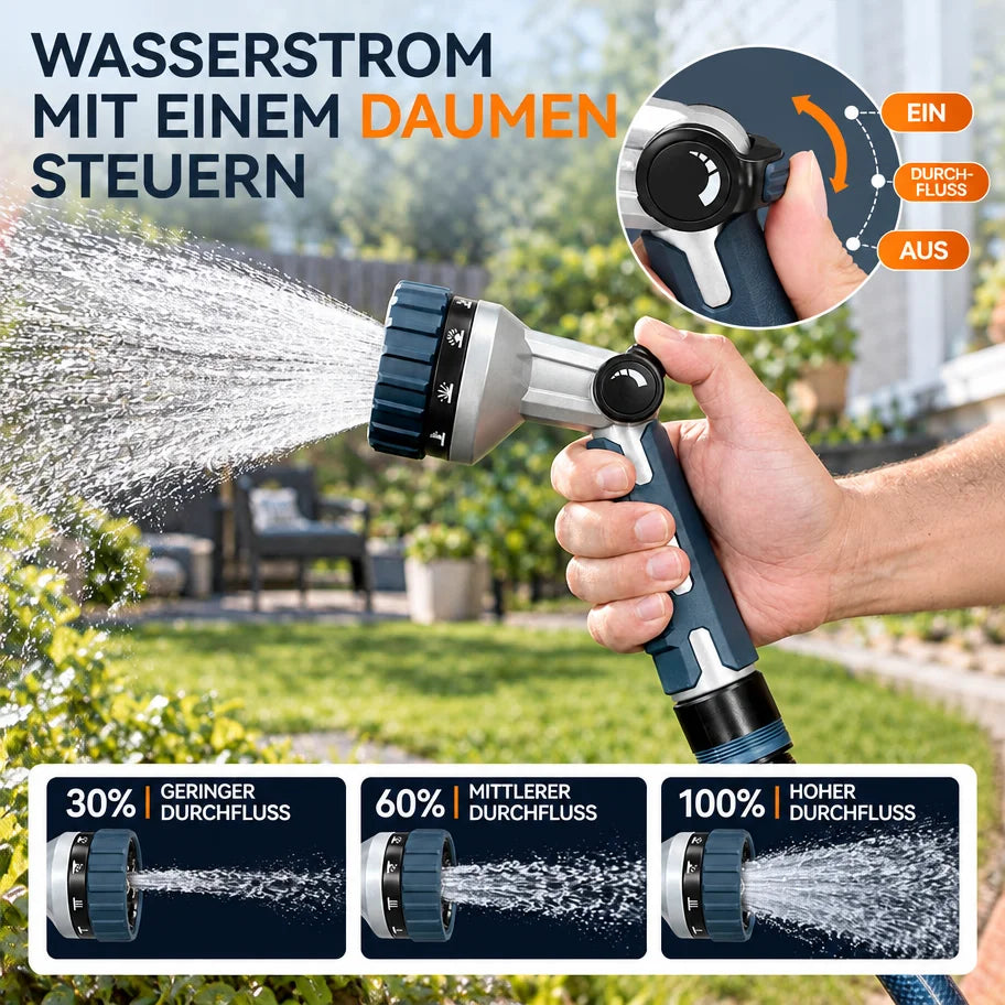 Heavy Duty Garden Hose Nozzle - Metal Zinc Alloy Body, 10 Spray Patterns, Thumb Control with Quick Connector Set