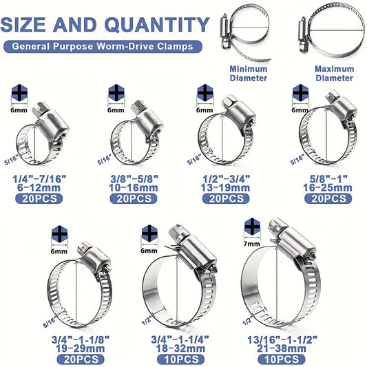 60/120pcs Stainless Steel Hose Clamp Kit - Easy-Tighten Worm Gear, 1/4" to 1-1/2", Ideal for Plumbing & Auto Projects