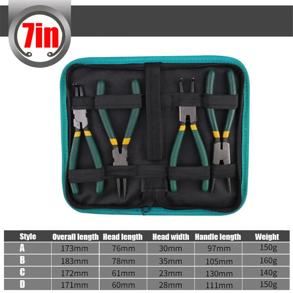 4Pcs Circlip Pliers Set with Storage Bag 7'' Long Nose Plier Staight Bent Inner Outer Retaining Snap Ring Professional Plier Kit
