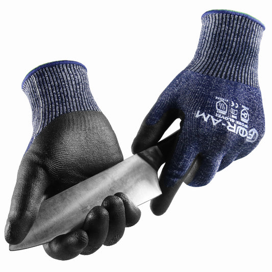 Cut-resistant work gloves, blue Level 5 knit with black nitrile grip palm — 1 pair