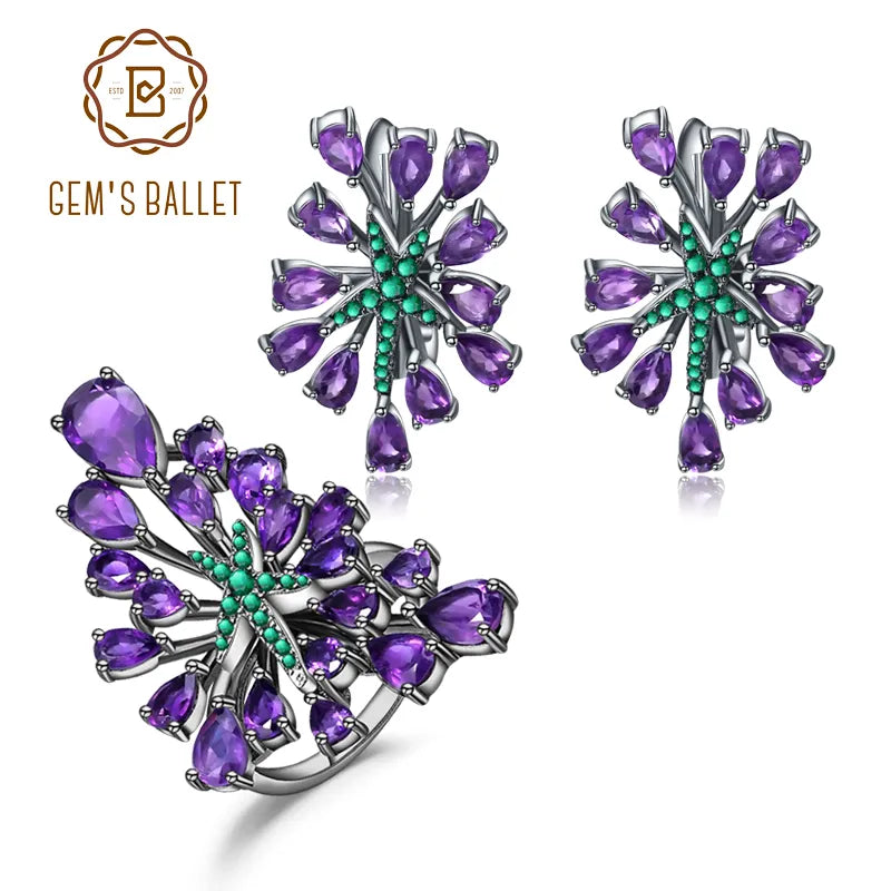 GEM'S BALLET 925 Sterling Silver Gemstone Earrings Ring Set Natural Amethyst Vintage Gothic Punk Jewelry Set For Women Jewelry