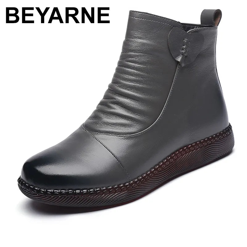 BEYARNE Autumn Women's Shoes Leather Boots Women Fashion Winter Boots Women Flats Non-slip Warm Thick-soled Shoes Women