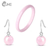 925 Sterling Silver Elegant Ceramic Jewelry Set Round Drop Earrings With 2MM Pure Ceramic Ring Cute White Pink Wedding Jewelry