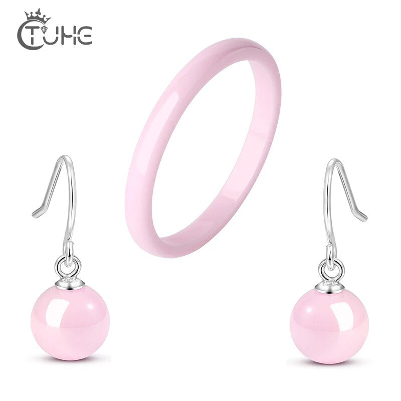 925 Sterling Silver Elegant Ceramic Jewelry Set Round Drop Earrings With 2MM Pure Ceramic Ring Cute White Pink Wedding Jewelry