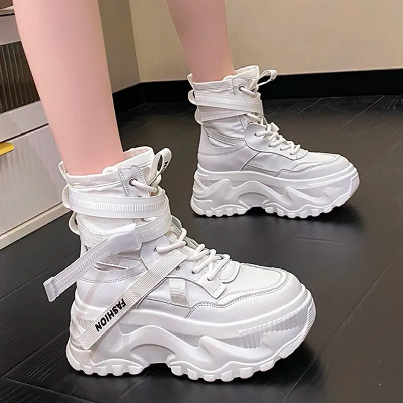 Fashion Women Chunky Platform Motorcycle Boots White Lace Up Thick Bottom Shoes Woman Autumn Winter Ankle Botas De Mujer