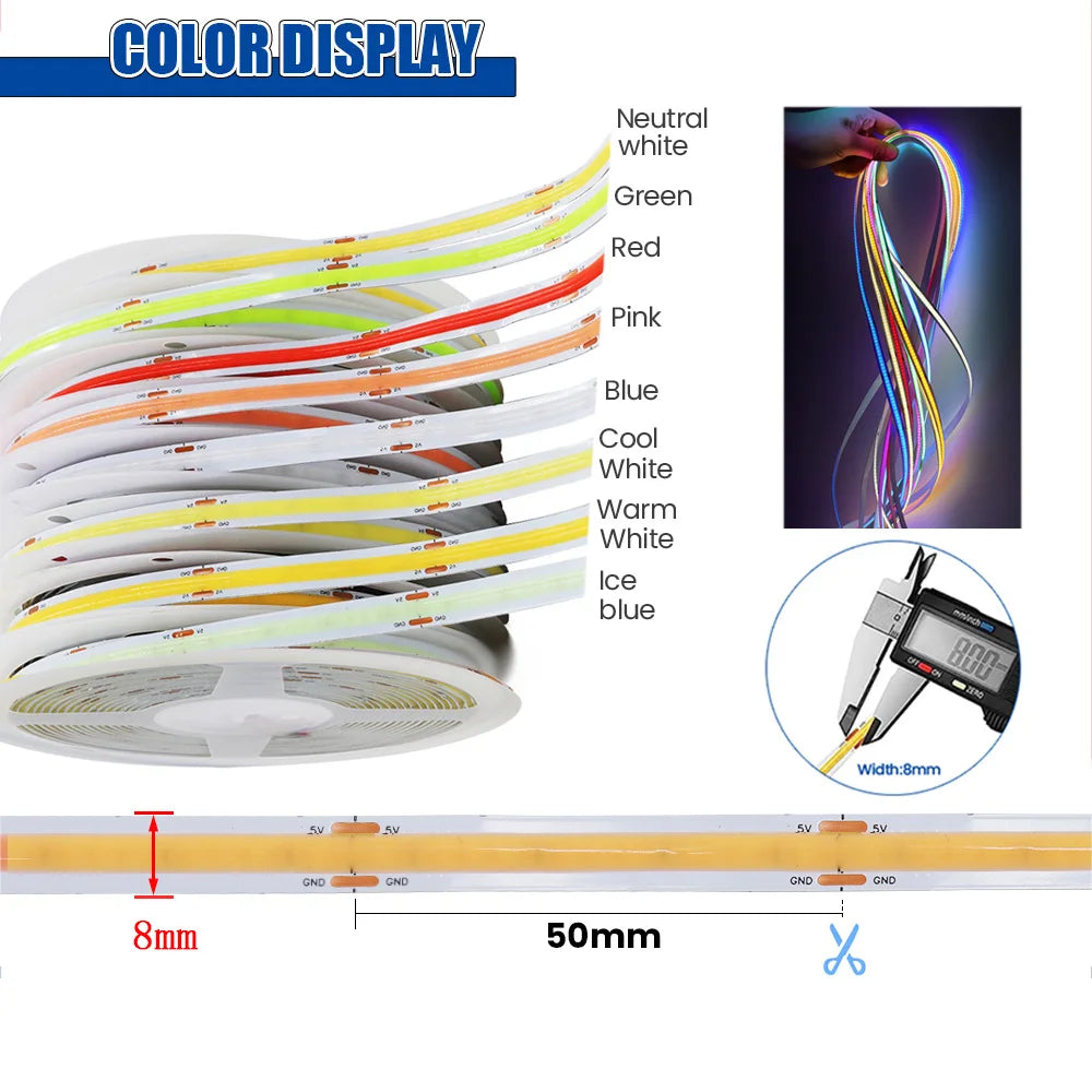 USB COB LED Strip Light — 2m (5V USB Powered)