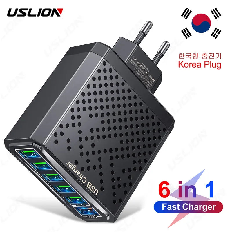 USLION 6in1 Fast Charger QC3.0 Quick KR Plug Phone USB Charger Adapter For iPhone 15 14 13 Samsung Mulit Travel Korean Charger