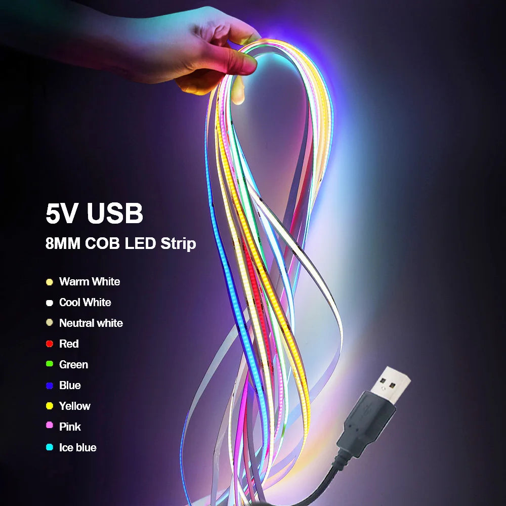 USB COB LED Strip Light — 2m (5V USB Powered)