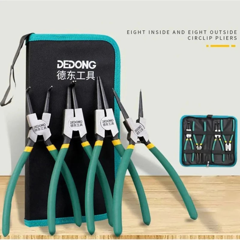4Pcs Circlip Pliers Set with Storage Bag 7'' Long Nose Plier Staight Bent Inner Outer Retaining Snap Ring Professional Plier Kit