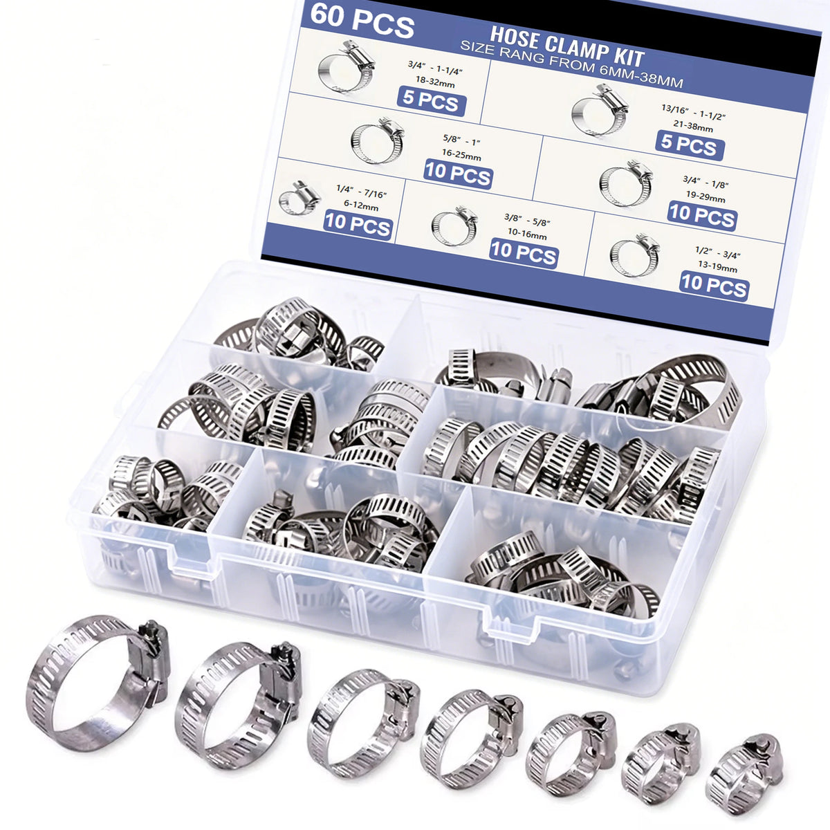 60/120pcs Stainless Steel Hose Clamp Kit - Easy-Tighten Worm Gear, 1/4" to 1-1/2", Ideal for Plumbing & Auto Projects