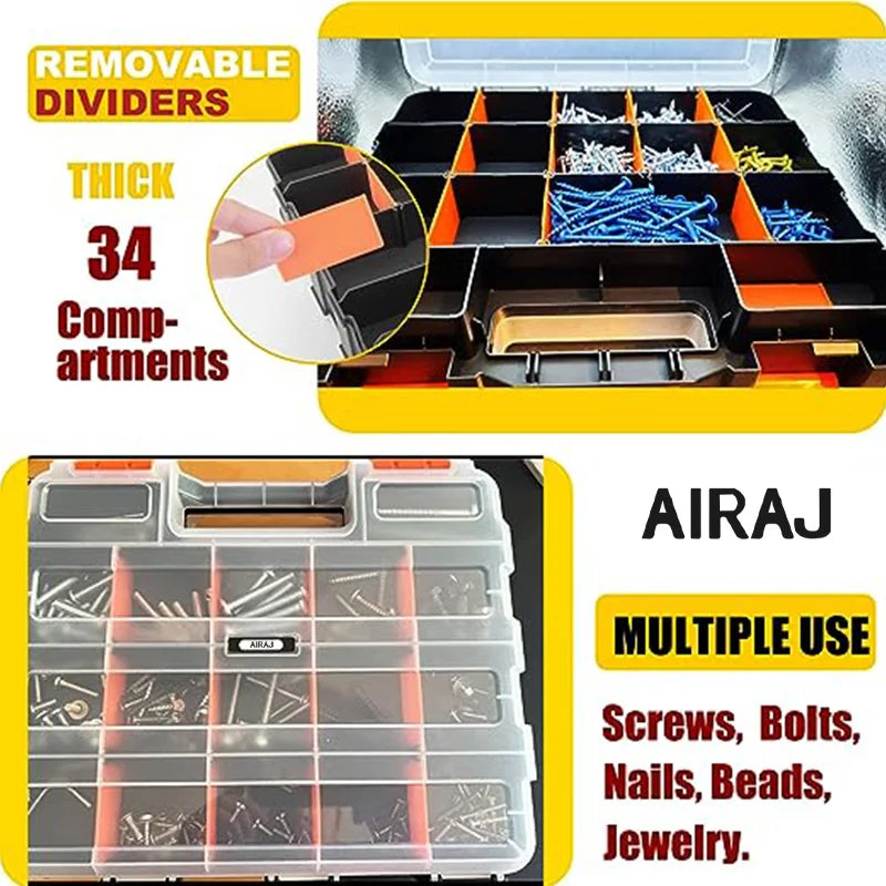 AIRAJ Small Parts Organizer 34-Compartments Double Side Parts Organizer with Removable Dividers for Hardware Screws Bolts Nails