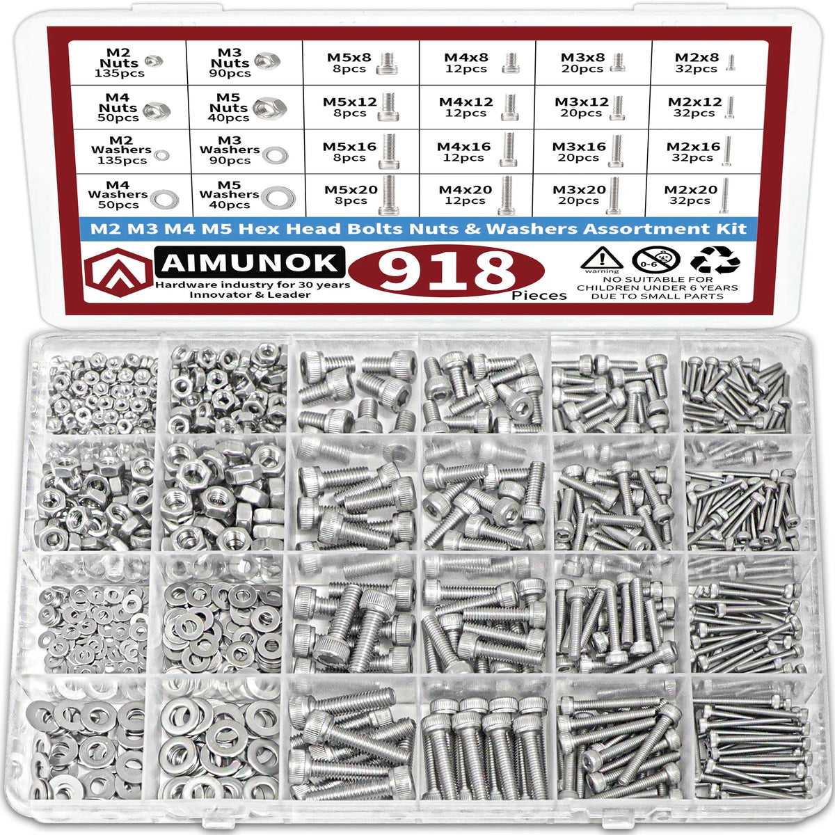 Nuts and Bolts Assortment Kit — 918-Piece Stainless Steel Bolts, Nuts & Washers Set (M2–M5)