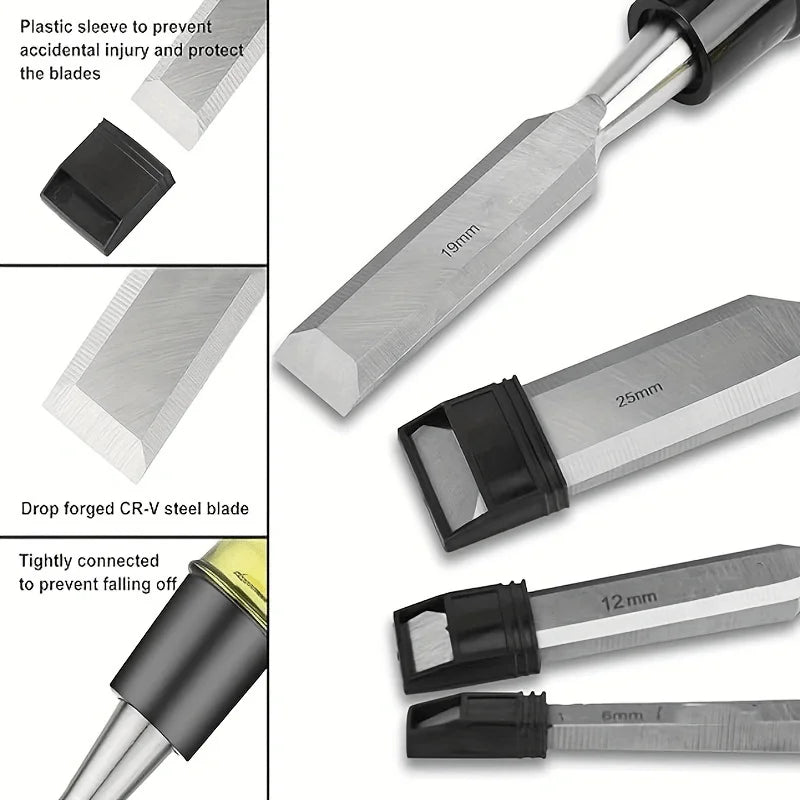Wood Chisel Set, 4 Piece Cr-V Steel Bevel Edge with Blade Caps - 1/4 in to 1 in