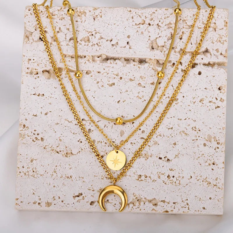 Multilayer Stainless Steel Gold Color Necklace For Women Heart Pendant Thick Clavicle Chain Hip-Hop Streetwear Luxury Jewelry