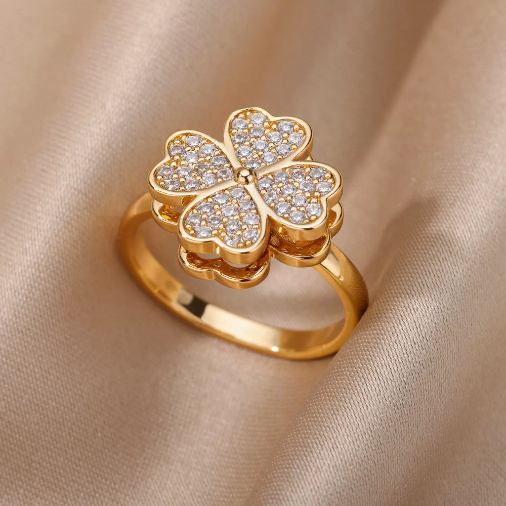 Zircon Rotatable Four Leaf Clover Anxiety Rings For Women Stainless Steel Anti-Stress Fidget Spinner Ring Aesthetic Jewelry Gift