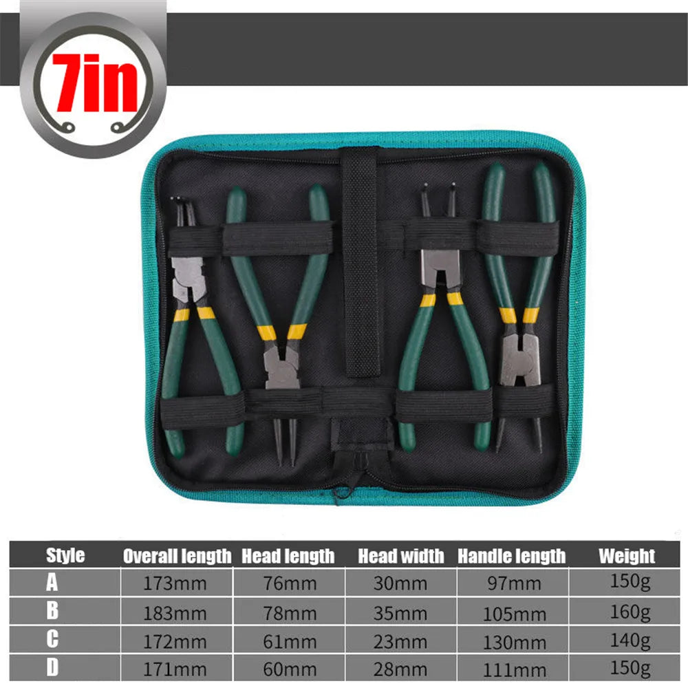 4Pcs Circlip Pliers Set with Storage Bag 7'' Long Nose Plier Staight Bent Inner Outer Retaining Snap Ring Professional Plier Kit