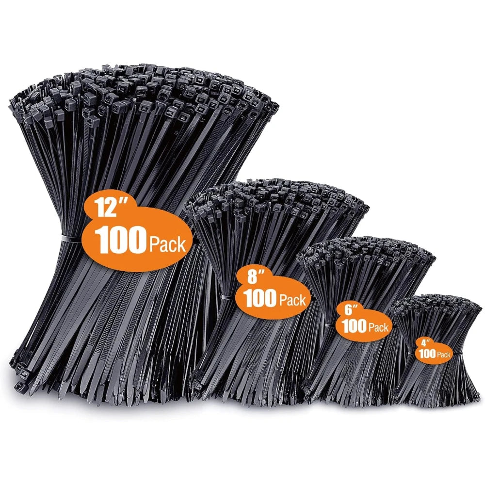 Zip Tie Assortment 400-Pack — Black Nylon Cable Ties in 4 Ready-Made Sizes (4", 6", 8", 12"), Self-Locking & UV Resistant
