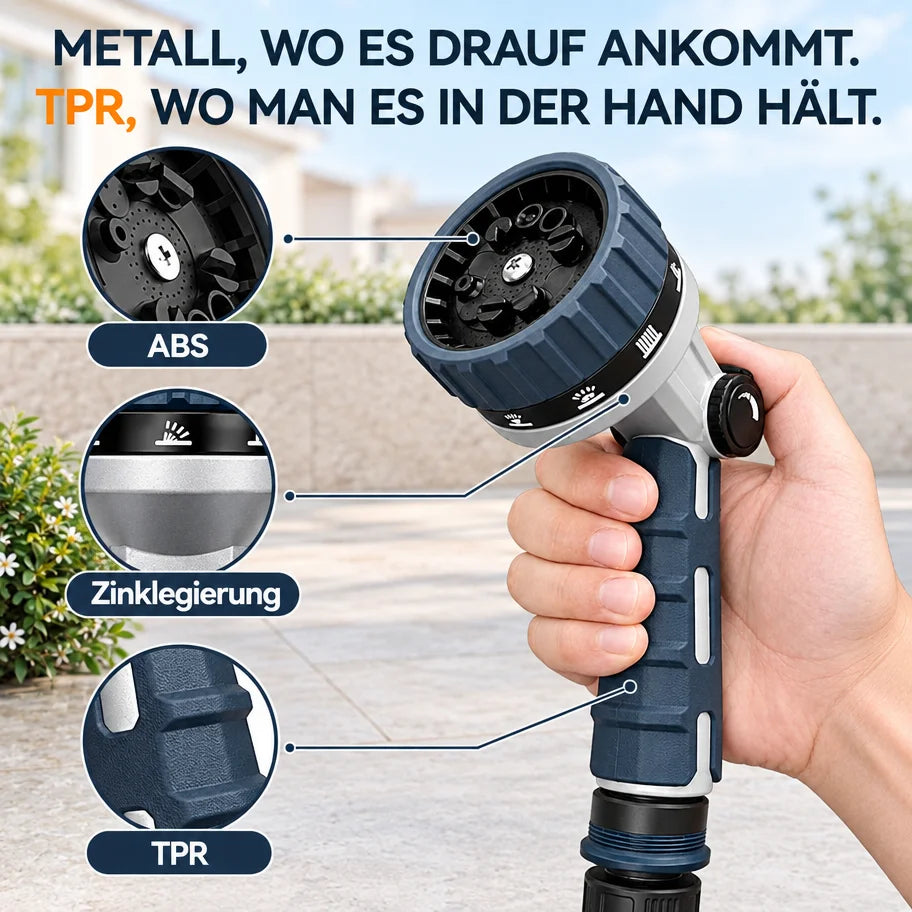 Heavy Duty Garden Hose Nozzle - Metal Zinc Alloy Body, 10 Spray Patterns, Thumb Control with Quick Connector Set