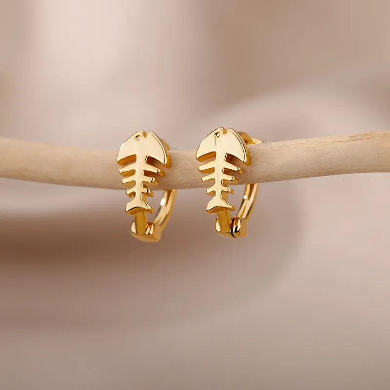 Geometric Fish Bones Earrings Stud Earrings for Women Stainless Steel Gold Color Earrings Cuff Piercing Wedding Jewelry Gift BFF