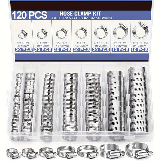 60/120pcs Stainless Steel Hose Clamp Kit - Easy-Tighten Worm Gear, 1/4" to 1-1/2", Ideal for Plumbing & Auto Projects