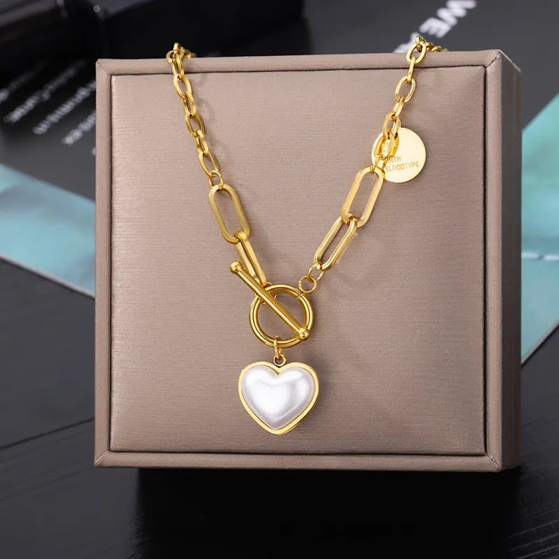 Fashion Pearl Heart Pendant Necklaces For Women Stainless Steel Gold Plated Chain Thick OT Buckle Necklace Wedding Jewelry Gift