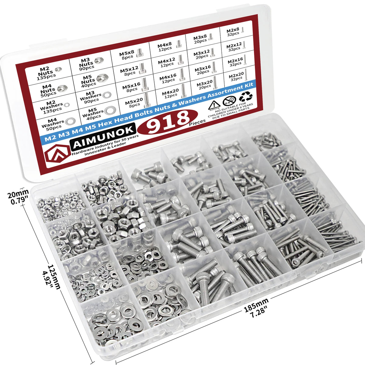 Nuts and Bolts Assortment Kit — 918-Piece Stainless Steel Bolts, Nuts & Washers Set (M2–M5)