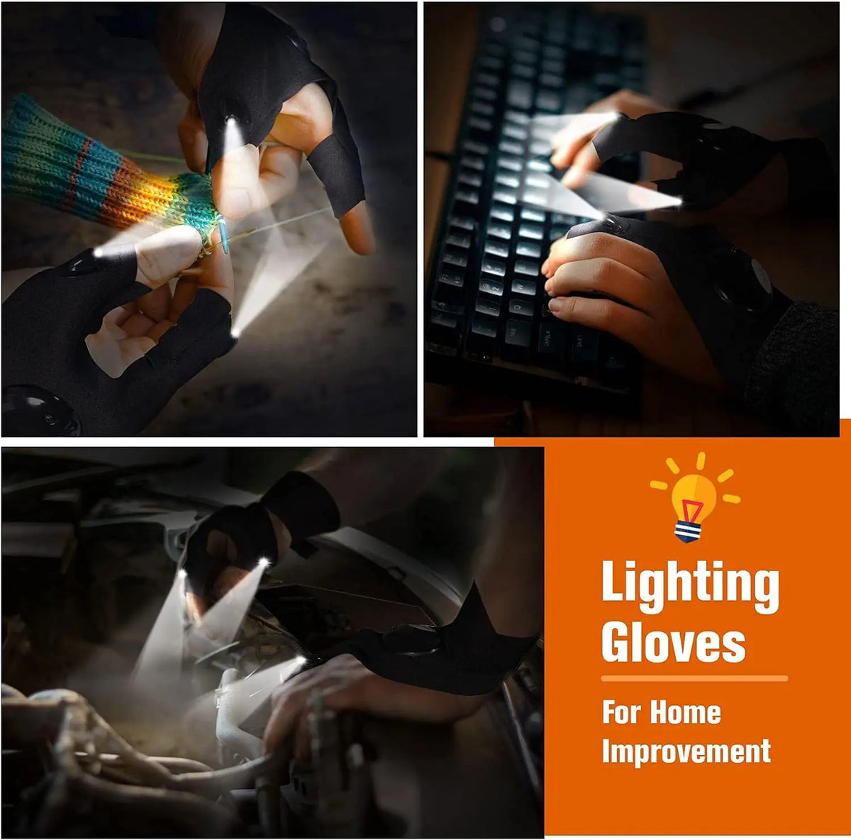 LED Flashlight Gloves — 1 Pair | Hands-Free Finger Lights with Replaceable CR2016 Batteries
