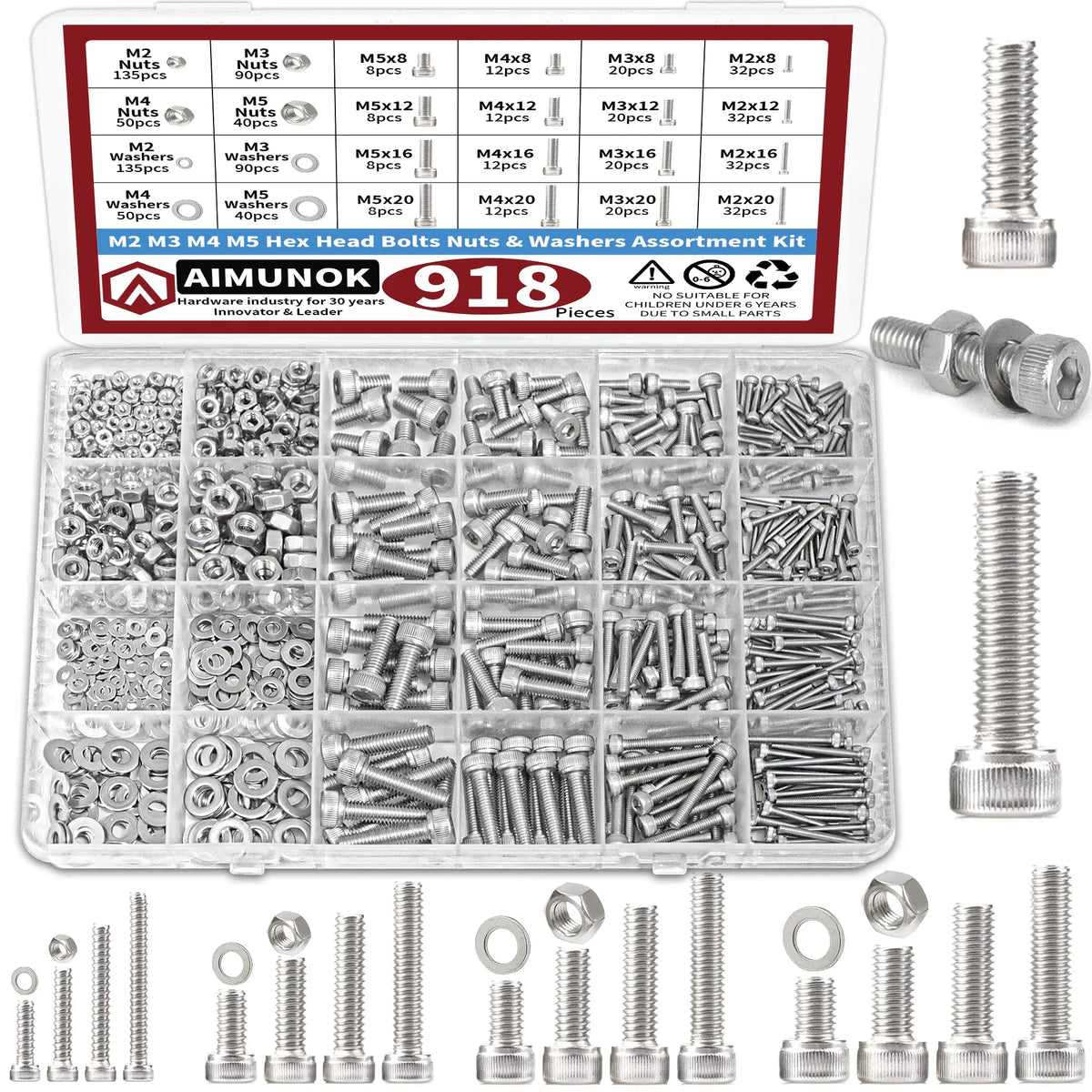 Nuts and Bolts Assortment Kit — 918-Piece Stainless Steel Bolts, Nuts & Washers Set (M2–M5)