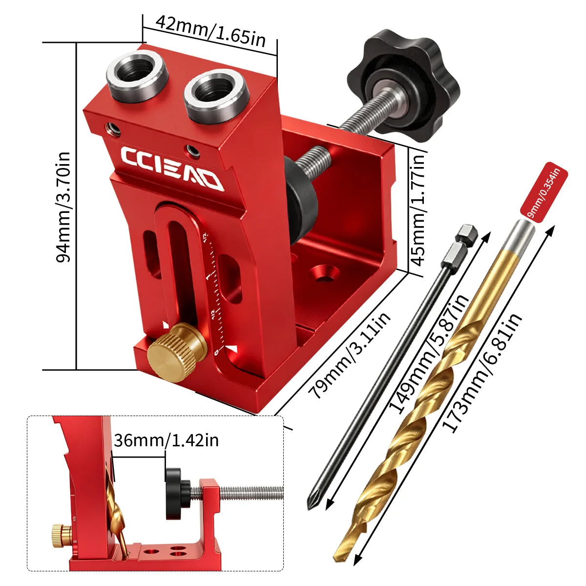 Pocket Hole Jig Kit, Aluminum Alloy, Adjustable with 9mm Step Drill Bit, Plugs and Screws
