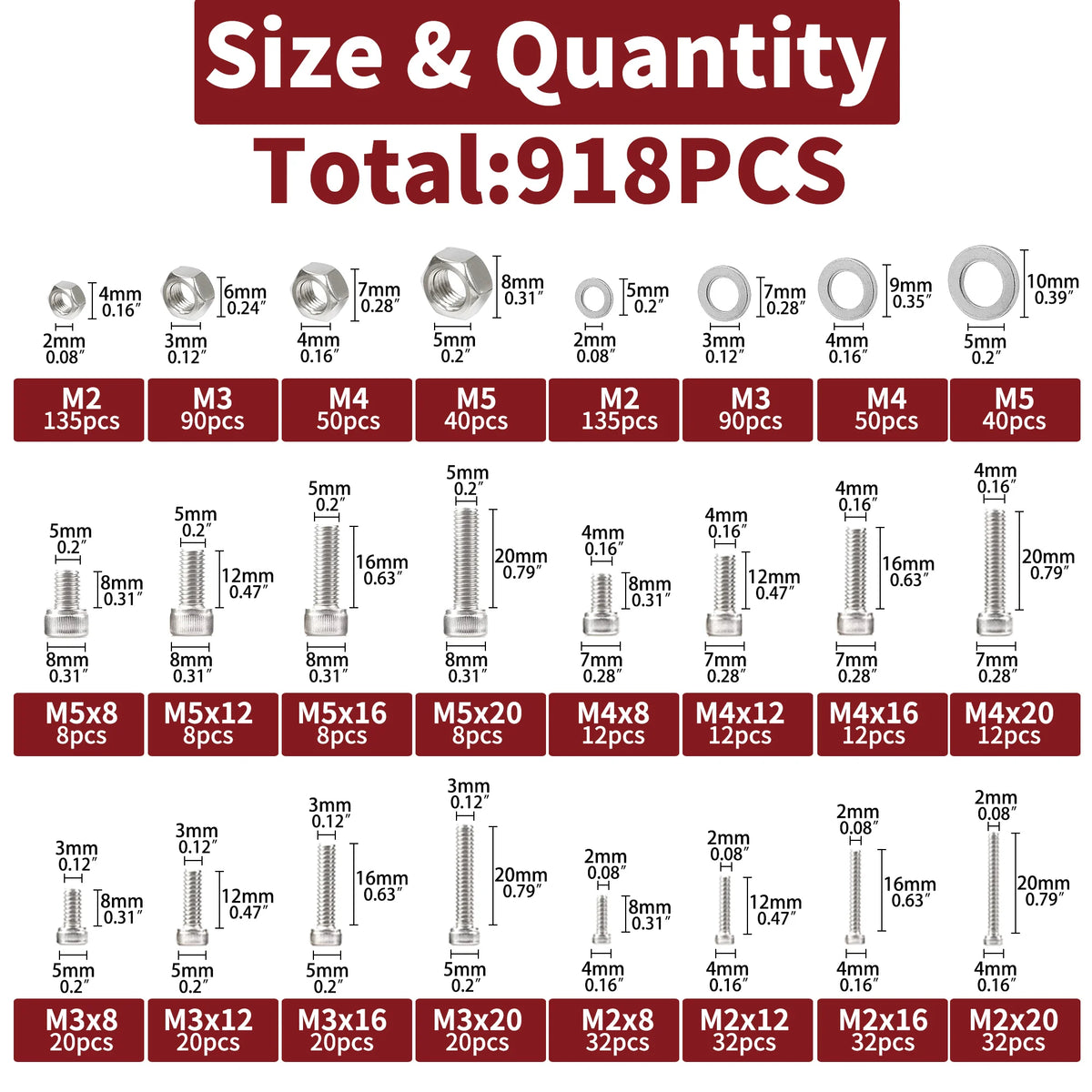Nuts and Bolts Assortment Kit — 918-Piece Stainless Steel Bolts, Nuts & Washers Set (M2–M5)