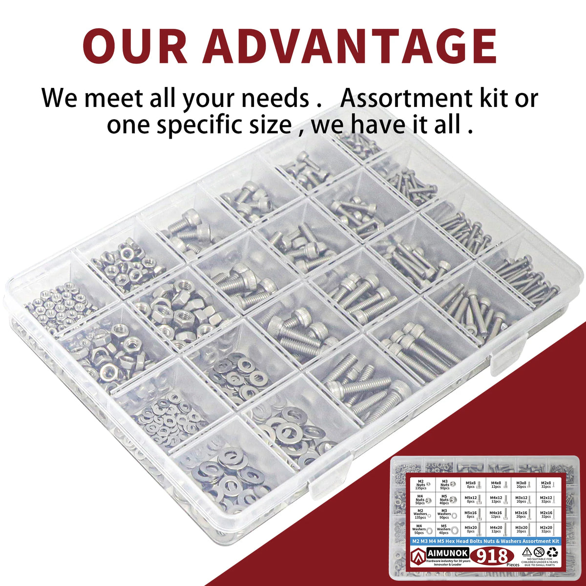 Nuts and Bolts Assortment Kit — 918-Piece Stainless Steel Bolts, Nuts & Washers Set (M2–M5)