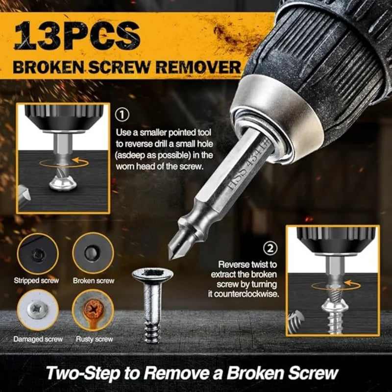 13 Pcs Damaged Screw Extractor Set Easy Out Screw Extractor, Stripped Screw Extractor Set of Rusty Broken Screws & Bolts