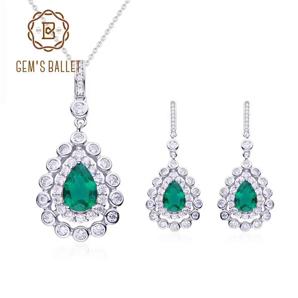 GEM'S BALLET Lab Grown Emerald 925 Sterling Silver Luxury Jewelry Set Statement Earrings Necklace For Women Pendant With Chain