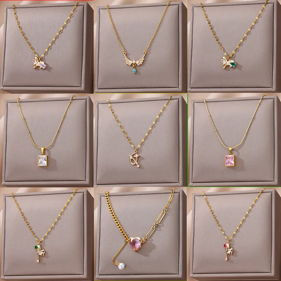 Gold Color Stainless Steel Necklace For Women Square Zircon Pendant Chain Collier Jewelry Wholesale Gift New Collares Para Mujer