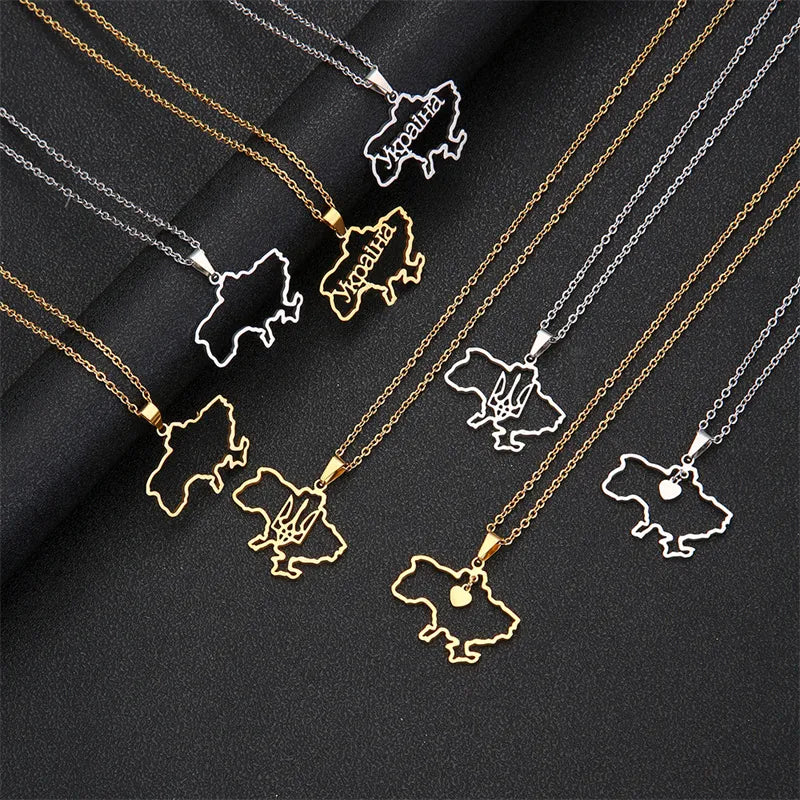 Fashion Outline Ukraine Map Pendant Necklace For Women Girls Stainless Steel Gold Color Heart Flag Ukrainian Party Jewelry Gifts