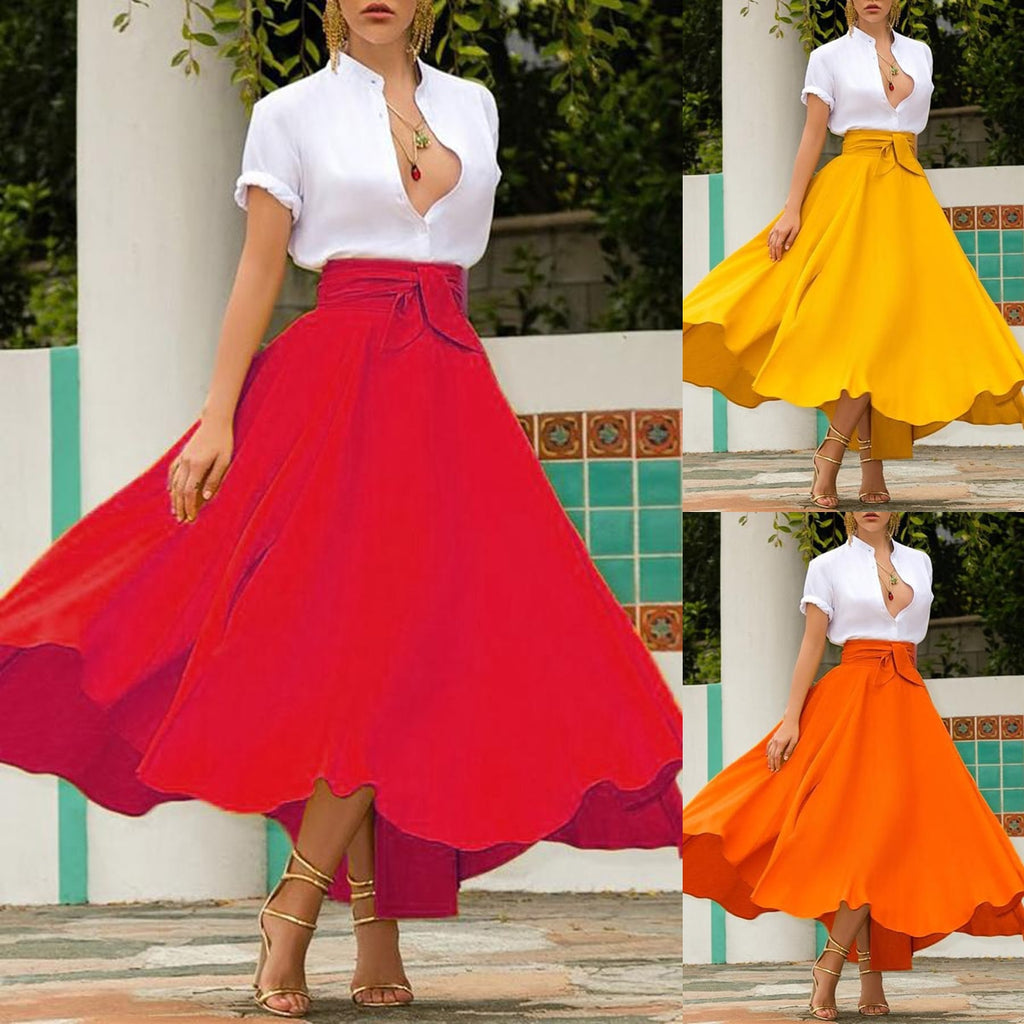 Women&#39;s Solid Color High Waist A Line Skirt Fashion Slim Waist Bow Belt Flared Pleated Long Red Orange Yellow Gypsy Maxi Skirt