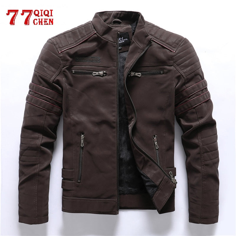 Faux Leather Jacket Men Winter Fleece Warm Motorcycle Windbreaker PU Leather Jackets Male Multi-pocket Embroidery Jackets