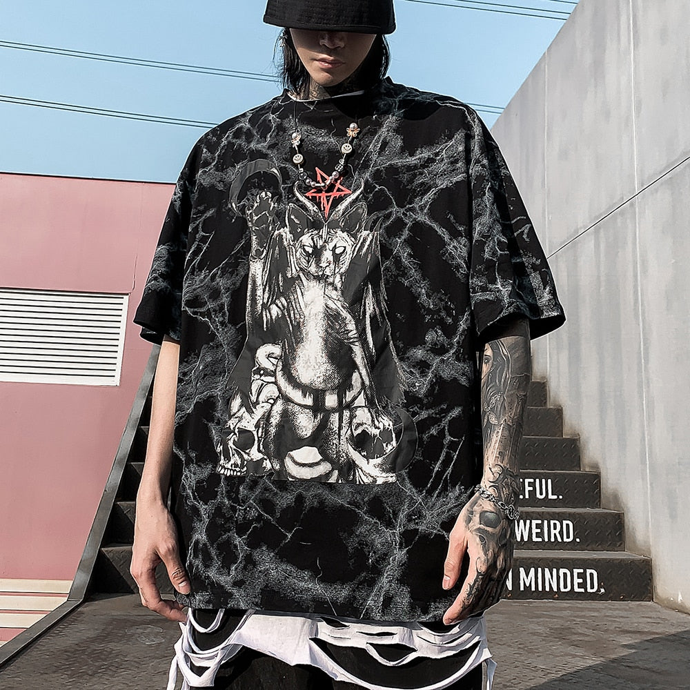 Fashion Summer Tops Punk Rock Mens T Shirt Streetwear Hip Hop Oversized Black Cat Graphic Tees Men Goth Clothes Tshirt